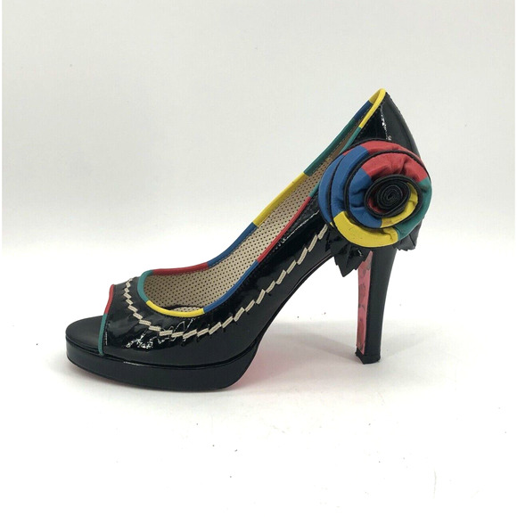 Betsey Johnson Black Womens 7.5 Open Peep Toe High Heels Shoes Multicolor Floral - Picture 1 of 16